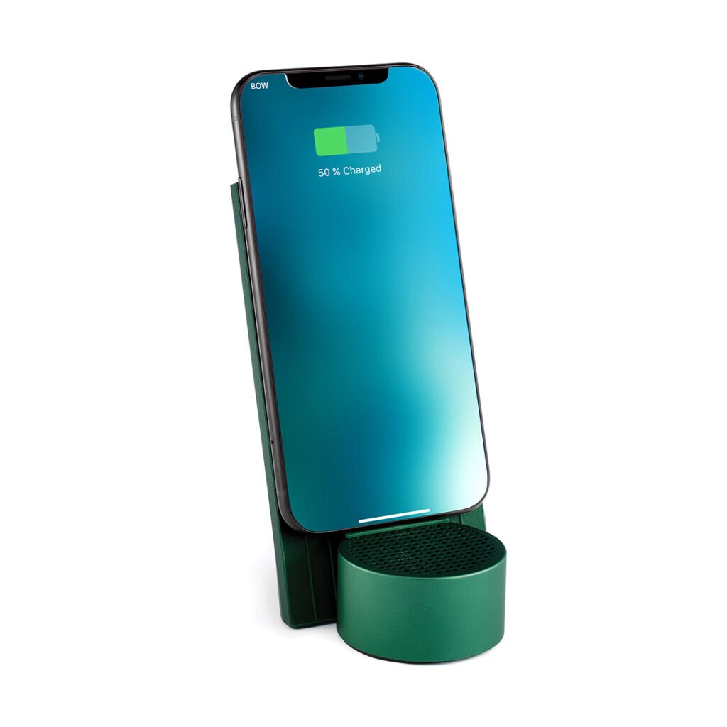 Statie de incarcare telefoane wireless 3 in 1 Lexon, City Energy, cu speaker Bluetooth, microfon hands-free incorporat, finisaj premium din aluminiu, verde