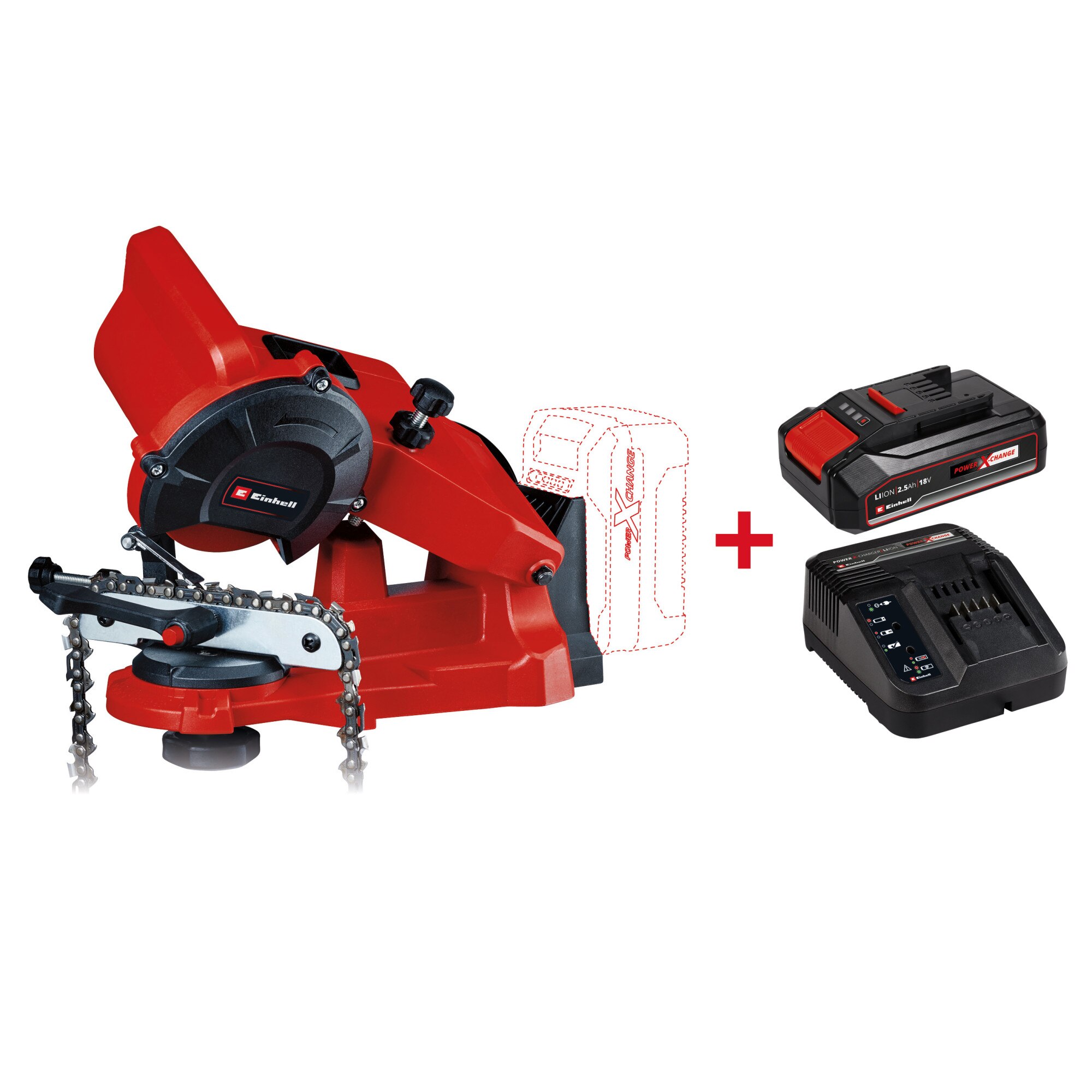 Ascutitor lant ferastrau Einhell Power X-Change GE-CS 18 Li - Kit, 6500 rpm, disc 108x23x3.2 mm + incarcator rapid si acumulator de 2.5 Ah