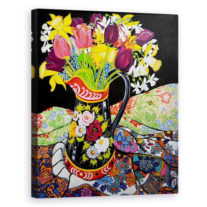 Tablou canvas - Joan Thewsey - Canal Boat Ulcior, Narcisele si lalele, 40 x 50 cm