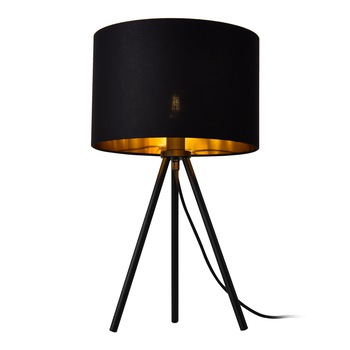 Lampa de masa Metz, lux.pro, 1 x E14, 40W, 51 cm, metal/tesatura, negru/auriu cu trei picioare Lampa de masa Metz, lux.pro, 1 x E14, 40W, 51 cm, metal/tesatura, negru/auriu cu trei picioare