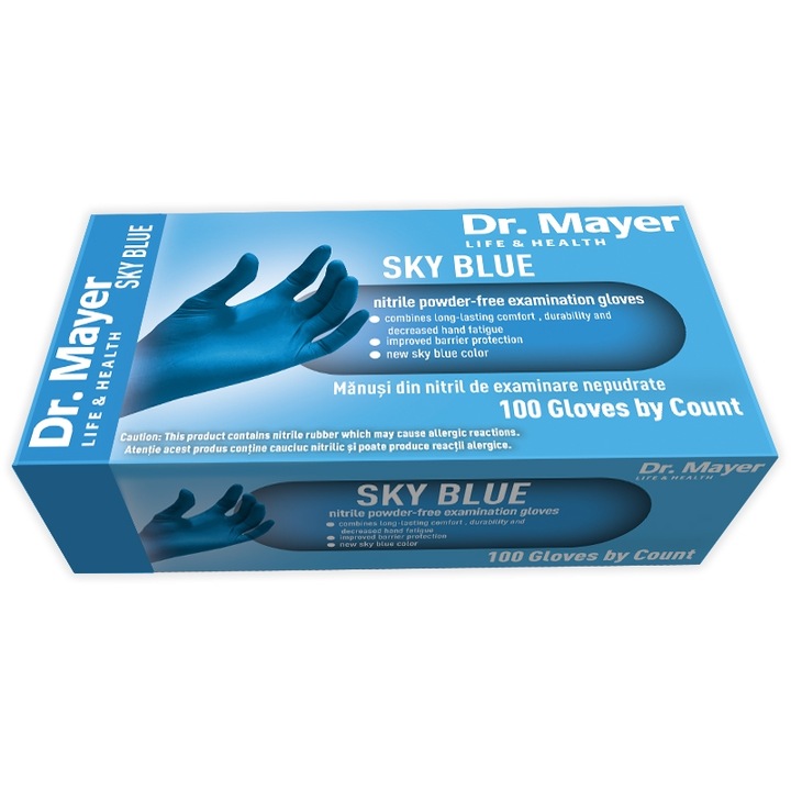 Set 100 bucati manusi Dr. Mayer Sky Blue, Nitril, microtexturate, nepudrate, albastre, marimea L