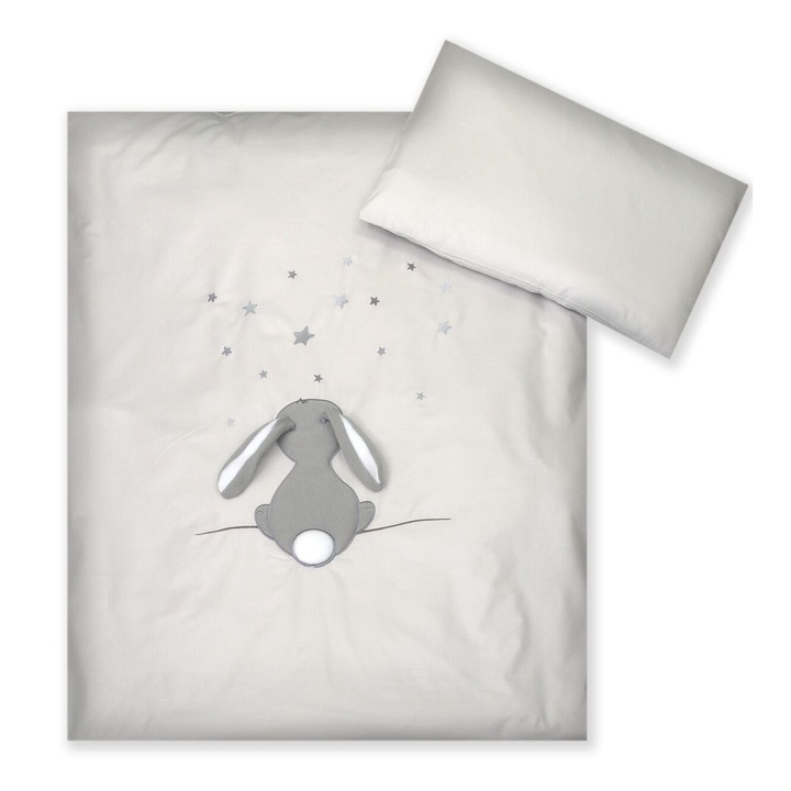 Set Lenjerie din bumbac, cu protectie laterala, pentru pat bebelusi, Fluffy Grey, 120 x 60 cm