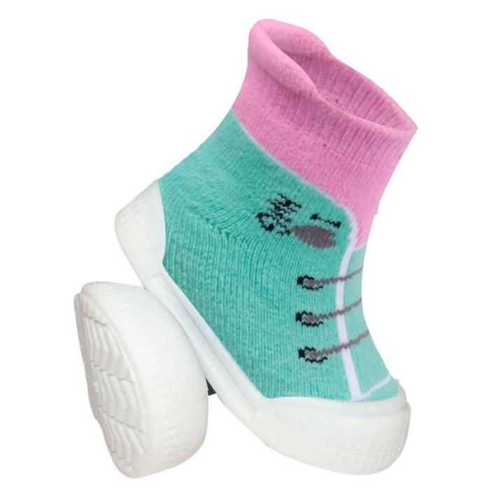 Gumitalpú lány zokni-papucs, benti cipő, baba mamusz - Fűzős (Almazöld, rózsaszín, 21-es)
