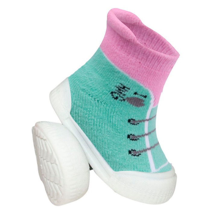 Gumitalpú lány zokni-papucs, benti cipő, baba mamusz - Fűzős (Almazöld, rózsaszín, 23-as)