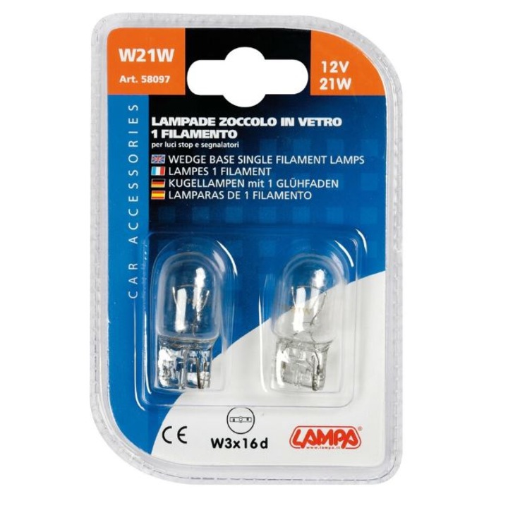 Izzó 12V - W21W - 21W Fék, iranyjelző, köd üvegfejes W3x16d 2db Lampa