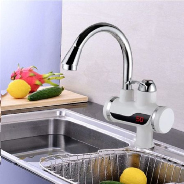 Ashop azonnali elektromos csaptelep, hőmérséklet kijelzővel, 3000 W, meleg víz 60°C, 1,5 - 2 L / perc