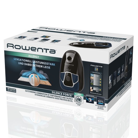 Aspirator cu sac Rowenta Silence Force Allergy+ RO6881EA, 450 W, 4.5L, sac Hygene+, perie Easy Brush, cablu 8.8m, 3 niveluri de filtrare, negru/albastru