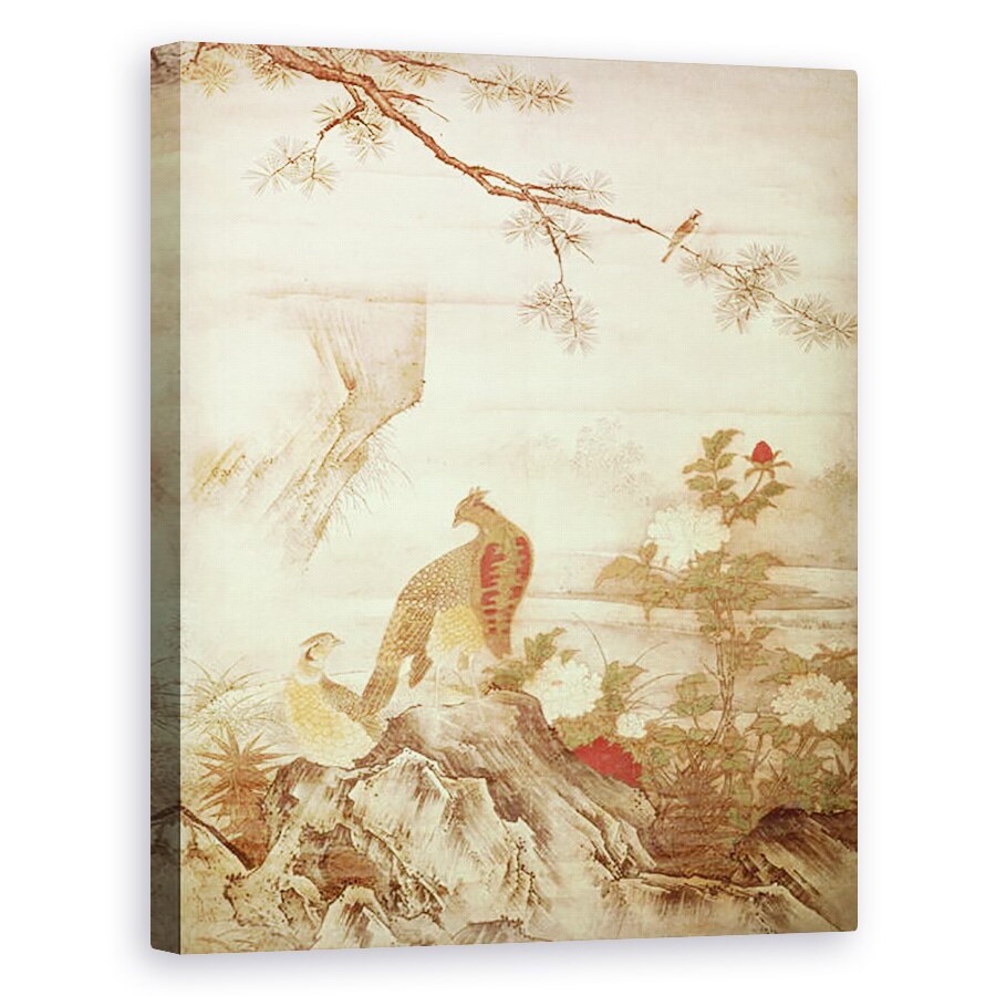 Tablou canvas - Kano Motonobu - Fazani si bujori, dintr-o serie de suluri reprezentand Pasarile si Florile celor Patru Anotimpuri, 60 x 75 cm