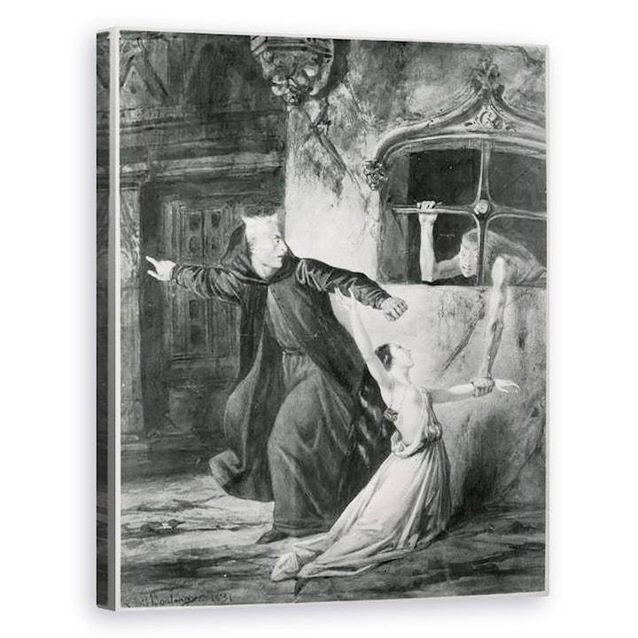 Louis Boulanger - Sachette, Esmeralda és Claude Frollo, Victor Hugo 1802-85 Notre Dame púposa illusztrációja, Vászonkép, 40 x 50 cm