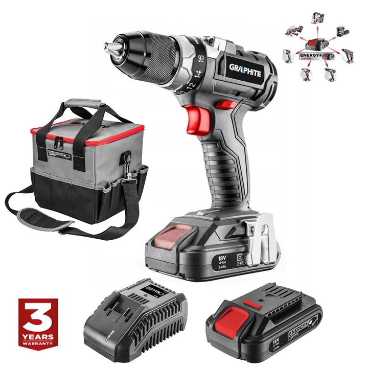 Винтоверт, 2 батерии 2 Ah, зарядно, 18 V Li-ion, чанта, безчетков, патронник 2-13 мм, Graphite Energy