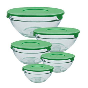 Set 5 boluri de sticla , cu capace din plastic verde Set 5 boluri de sticla , cu capace din plastic verde