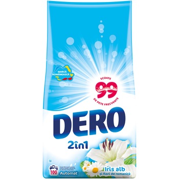 Detergent automat Dero 2in1, Iris alb si flori de romanita, 100 spalari, 10 kg Detergent automat Dero 2in1, Iris alb si flori de romanita, 100 spalari, 10 kg