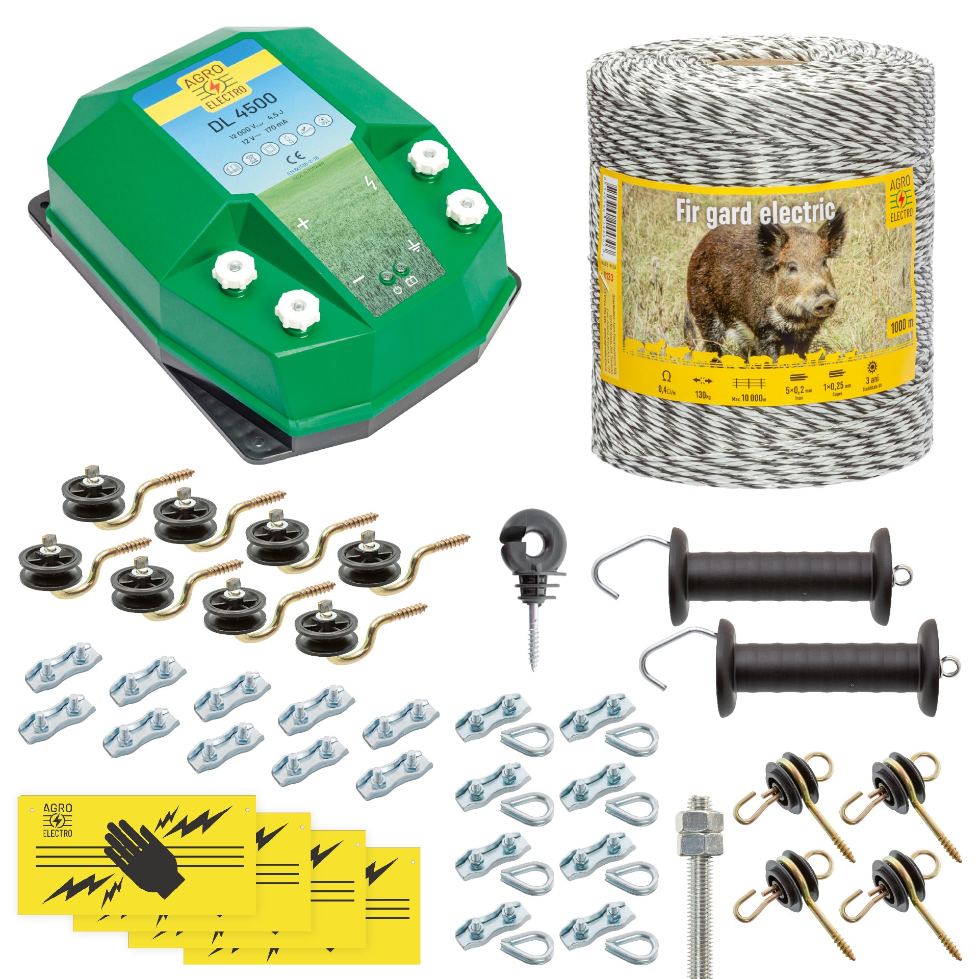Pachet gard electric complet 1000 m, 4,5 Joule, pentru animale salbatice