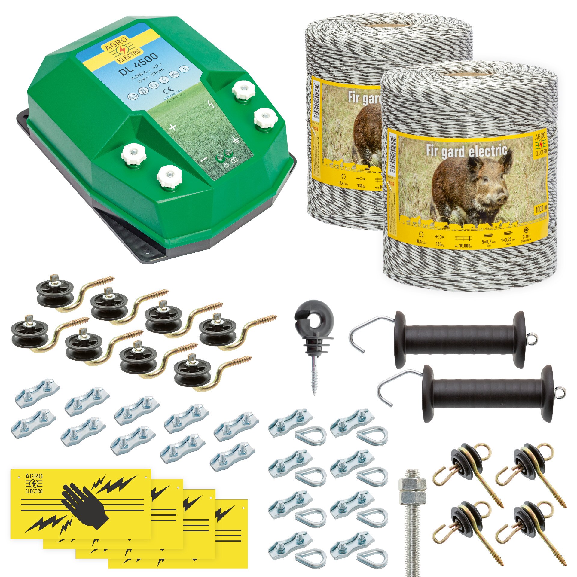 Pachet gard electric complet 2000 m, 4,5 Joule, pentru animale salbatice