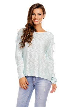 Pulover asimetric cu maneci lungi si detalii Impletite pe umeri, Bleu, One Size Pulover asimetric cu maneci lungi si detalii Impletite pe umeri, Bleu, One Size