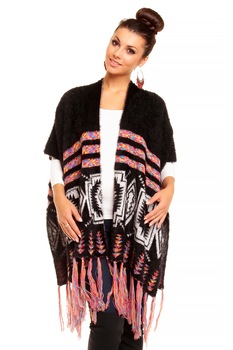 Pulover dama model poncho cu ciucuri si Insertii colorate Pulover dama model poncho cu ciucuri si Insertii colorate