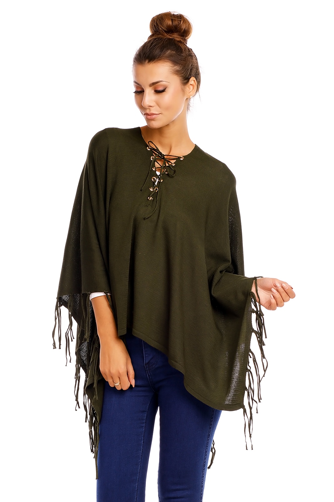 Pulover dama , model poncho asimetric scurt cu franjuri i si impletitura la gat, Kaki, One Size