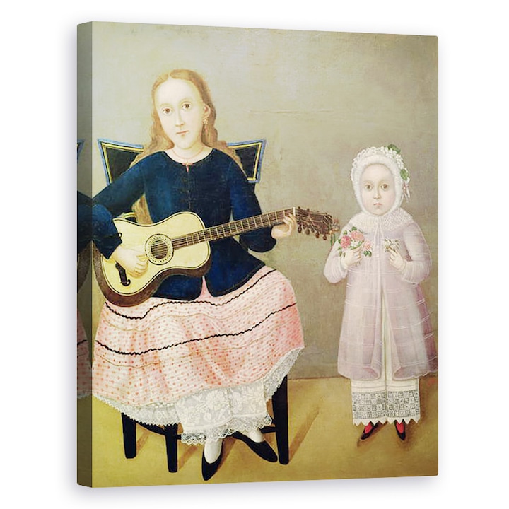 Mexikói Iskola - Fiatal lány, egy gitár és egy csokor gyermek, Vászonkép, 80 x 100 cm