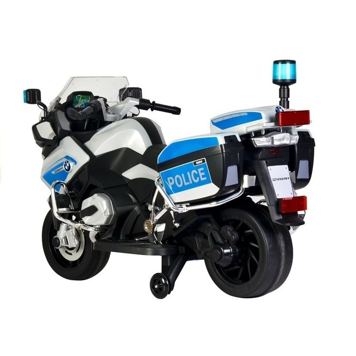 Motocicleta electrica de politie BMW, roti cauciuc, girofar, sirena, argintiu
