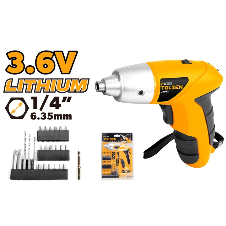 Surubelnita Li-Ion 3.6V TOLSEN FX Force Xpress, 1300mAh, 180rpm, Cuplu 3Nm, Mandrina 1/4", 18 Biti + Accesorii, Suport Magnetic, Iluminare LED, Selector Directie, Constructii Renovare, Incarcare 3h, Uz Hobby Lemn Metal Plastic, CE/GS, functie reversibil