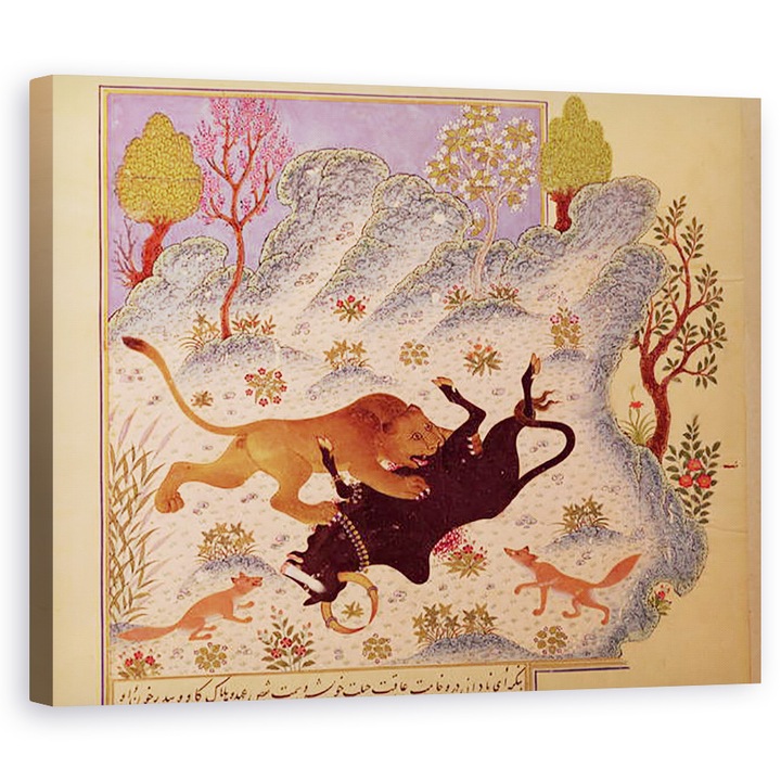 Tablou canvas - Scoala Persana - Un leu ataca si uciderea unui taur, 40 x 50 cm