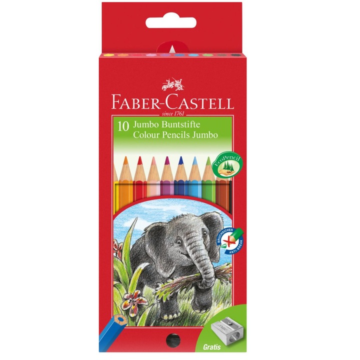 Set 10 Creioane Colorate Faber-Castell Jumbo, Hexagonale, cu Ascutitoare Inclusa, Set Creioane Colorate si Ascutitoare, Set Creioane Colorate cu Ascutitoare, Creioane Faber Castell Jumbo, Creioane Colorate Jumbo, Creioane Colorate Corp Colorat
