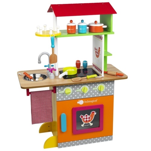 Bucatarie din lemn cu accesorii Imaginarium Fresh Farm Dual Kitchen, cu fata dubla