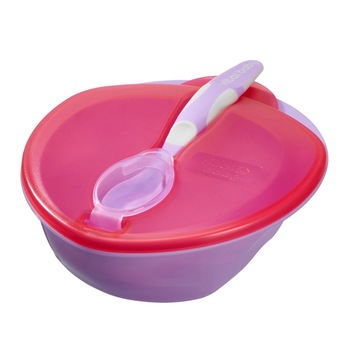 Set Castron cu Lingurita si Capac, Protectie pentru Lingurita, cu Zone pentru Pisarea Mancarii, 250 ml, Ideal in Calatorii, Compatibil Masina de Spalat Vase si Microunde, Materiale Sigure, Fara BPA, Roz/Mov Set Castron cu Lingurita si Capac, Protectie pentru Lingurita, cu Zone pentru Pisarea Mancarii, 250 ml, Ideal in Calatorii, Compatibil Masina de Spalat Vase si Microunde, Materiale Sigure, Fara BPA, Roz/Mov