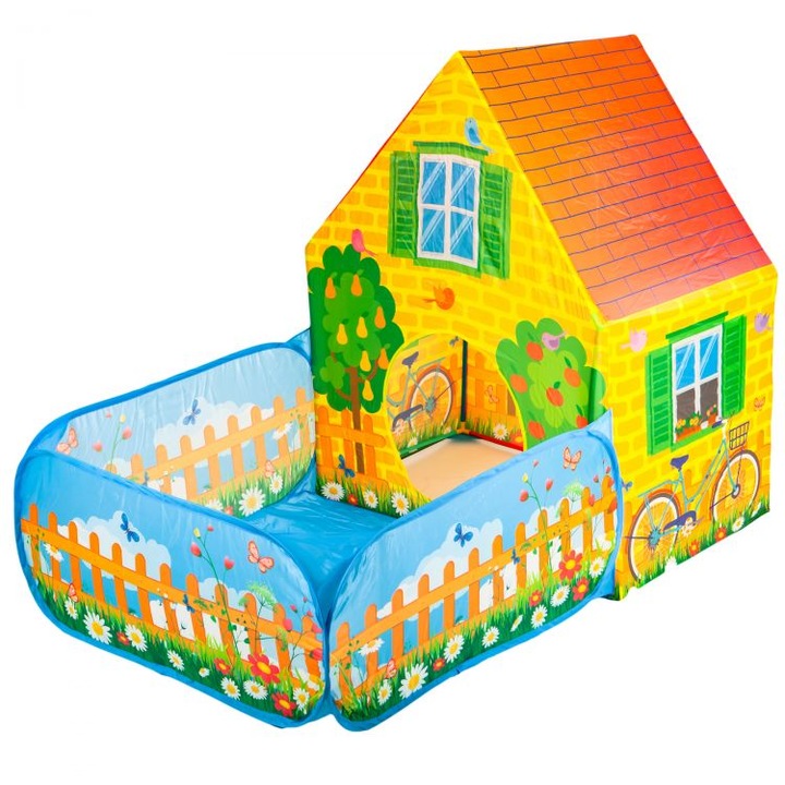 Cort de Joaca pentru copii stil casuta viu colorata cu doua Intrari si spatiu de joaca exterior, 90x150x110 cm, Multicolor