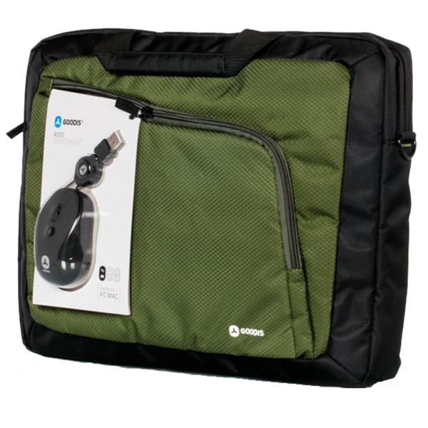 Geanta laptop Goodis, 15.6", Negru/Verde + Mouse
