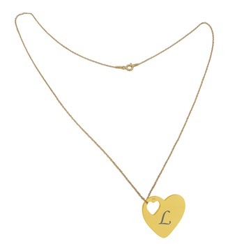 Lant argint 925 placat cu aur de 18k 50 cm si charm inima argint 925 placat cu aur de 24k, gravat litera L Lant argint 925 placat cu aur de 18k 50 cm si charm inima argint 925 placat cu aur de 24k, gravat litera L