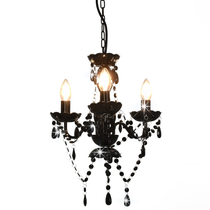 Candelabru cu margele tip cristal, vidaXL, Metal, 3x E14, 36 x 42 cm, Negru