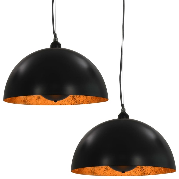 Set 2 lustre semisferice, vidaXL, Metal, E27, 40 x 20 cm, Negru/Auriu