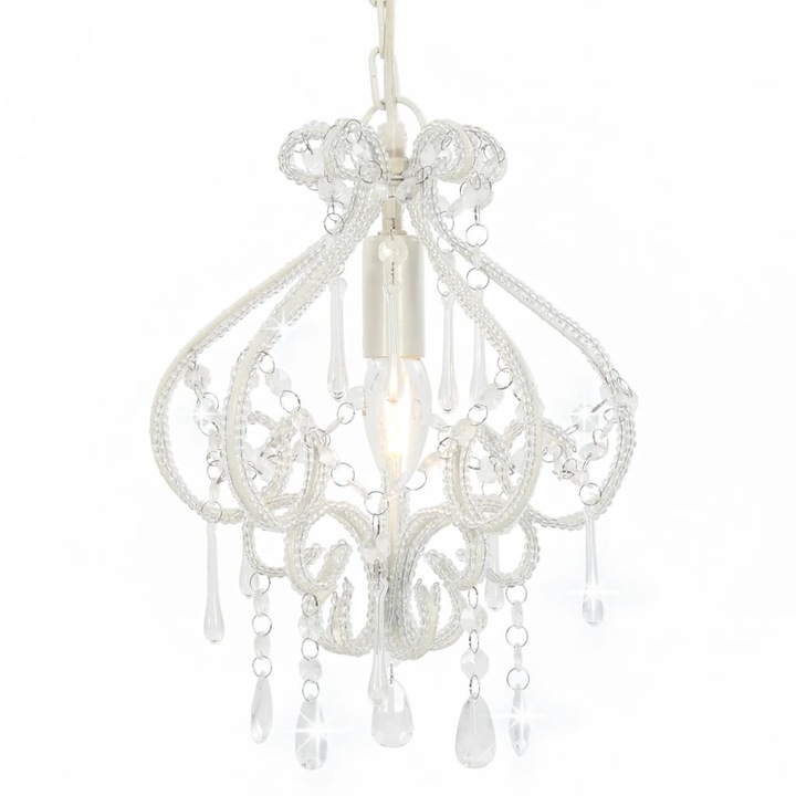 Candelabru cu margele tip cristal, vidaXL, Metal, 3 x E14, 24 x 32 cm, Alb