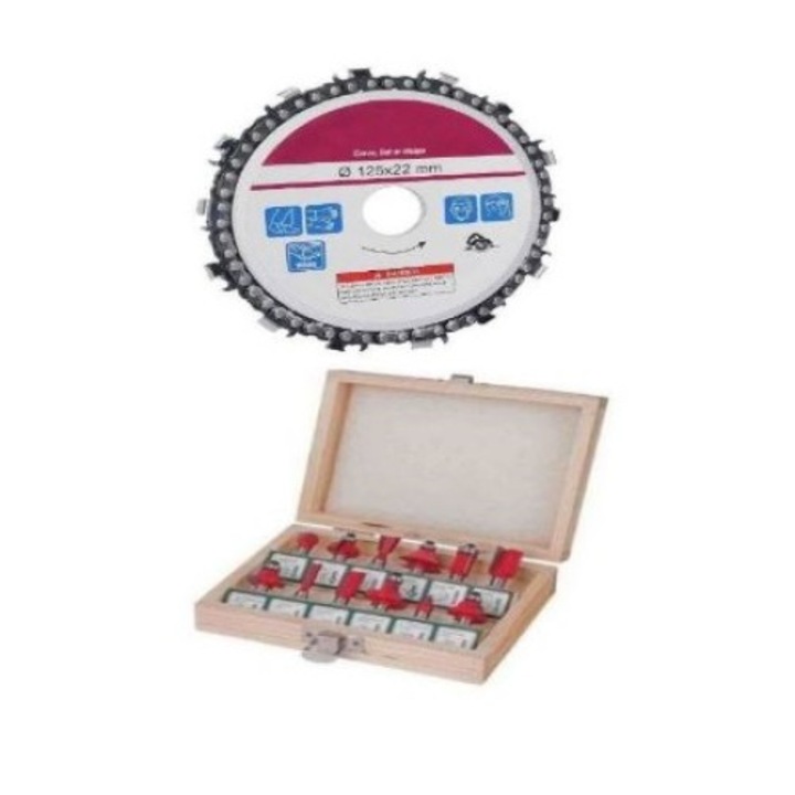 Kit Disc flex lemn sculptura cu lant drujba ,polizor unghiular ,diametru 125 mm si Set freze lemn,tija 6 mm , 12 piese