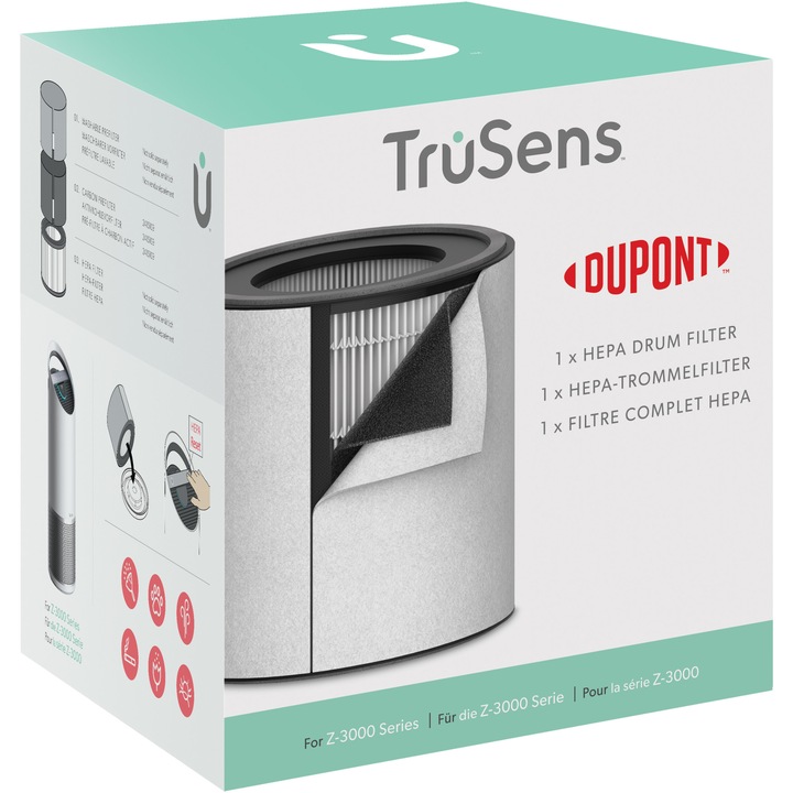 Rezerva filtru HEPA DuPont™, 3 în 1, pentru purificatorul Leitz TruSens Z-3000, impotriva particulelor microscopice, inclusiv alergeni, bacterii, gaze, virusi, compusi volatili organici si mirosuri