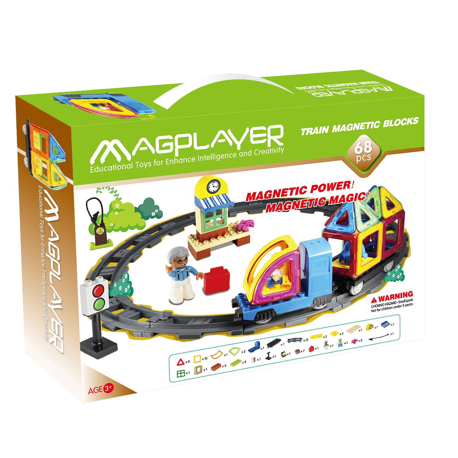 Set de constructie magnetic Magplayer - Train Blocks, 68 piese