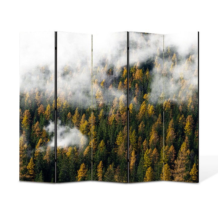 Paravan 5 piese Premium Heartwork TrueColor, Nori si padure de brazi, Panza pe cadru de lemn, Decoratiuni Moderne pentru Casa, 5 Panouri de 35x180, 175 x 180 cm