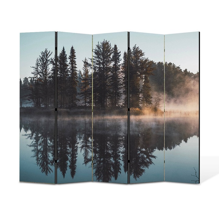 Paravan 5 piese Premium Heartwork TrueColor, Palc de copaci pe lac, Panza pe cadru de lemn, Decoratiuni Moderne pentru Casa, 5 Panouri de 45x180, 225 x 180 cm