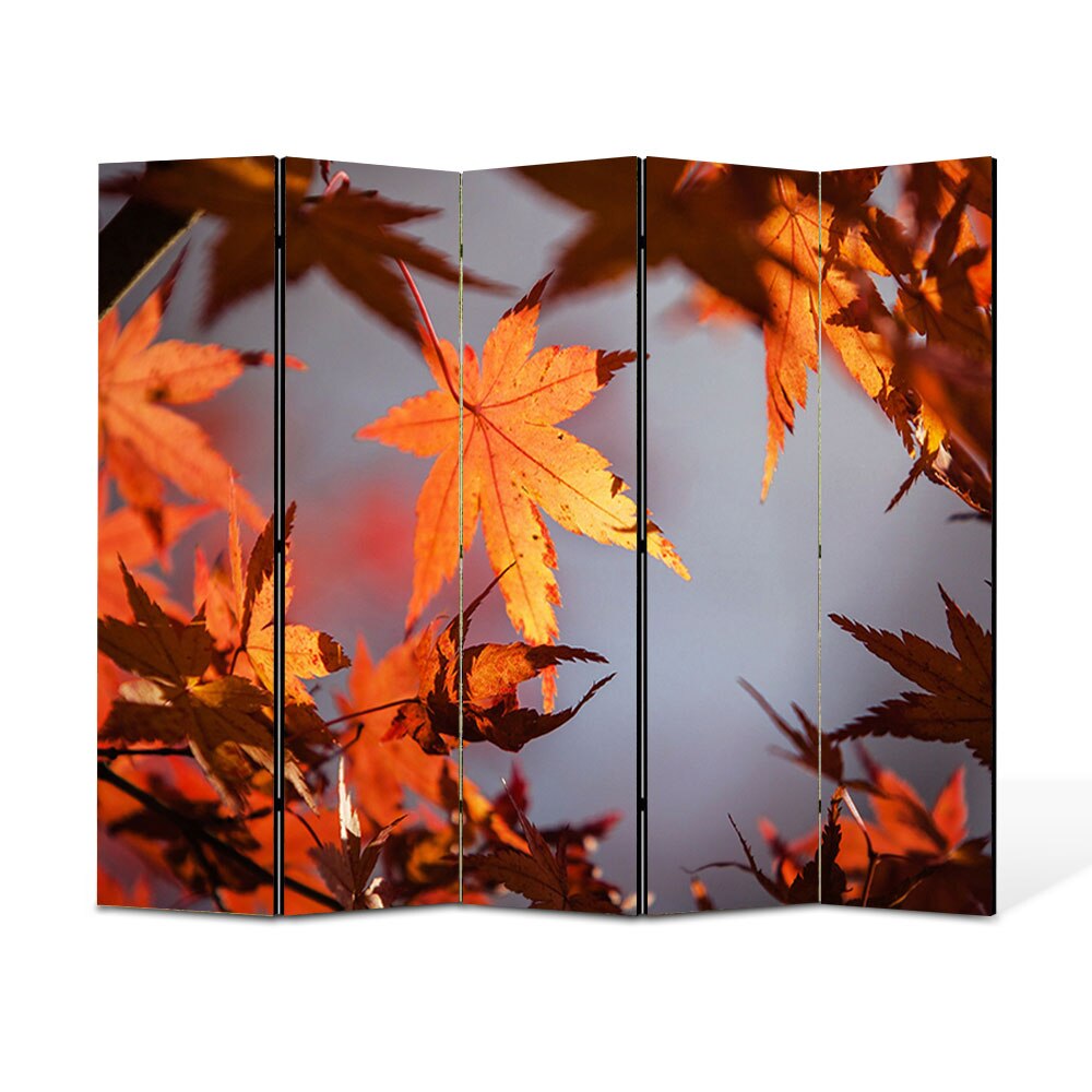 Paravan 5 piese Premium Heartwork TrueColor, Frunze rosii in soare, Panza pe cadru de lemn, Decoratiuni Moderne pentru Casa, 5 Panouri de 45x150, 225 x 150 cm