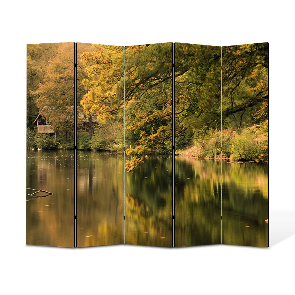 Paravan 5 piese Premium Heartwork TrueColor, Cabana ascunsa pe malul lacului, Panza pe cadru de lemn, Decoratiuni Moderne pentru Casa, 5 Panouri de 45x150, 225 x 150 cm