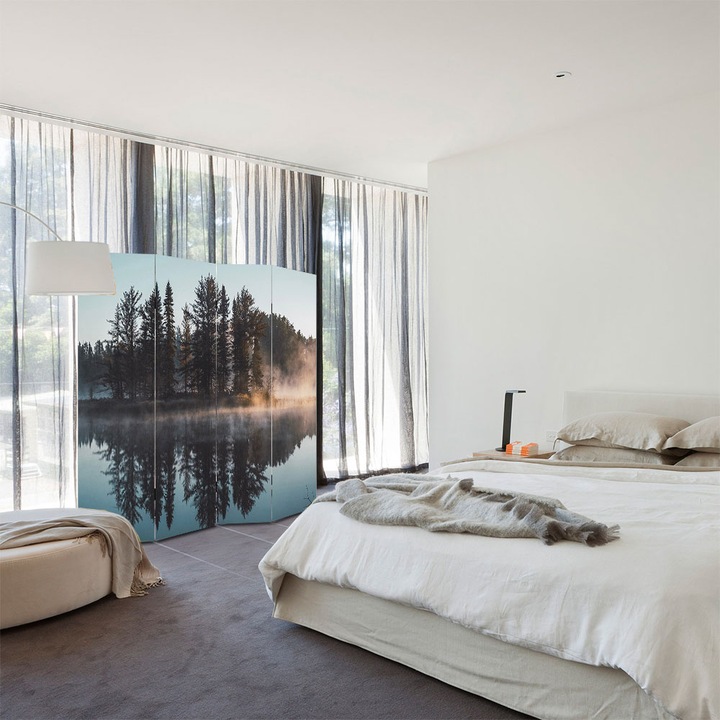 Paravan 4 piese Premium Heartwork TrueColor, Palc de copaci pe lac, Panza pe cadru de lemn, Decoratiuni Moderne pentru Casa, 4 Panouri de 35x150, 140 x 150 cm