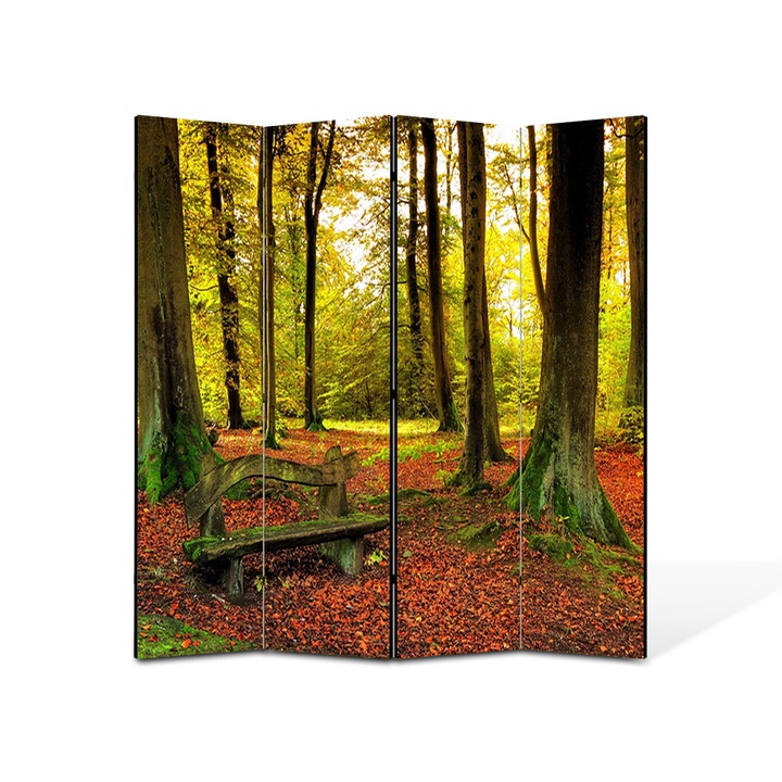 Paravan 4 piese Premium Heartwork TrueColor, Banca uitata in mijlocul padurii, Panza pe cadru de lemn, Decoratiuni Moderne pentru Casa, 4 Panouri de 35x150, 140 x 150 cm