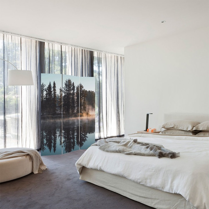 Paravan 3 piese Premium Heartwork TrueColor, Palc de copaci pe lac, Panza pe cadru de lemn, Decoratiuni Moderne pentru Casa, 3 Panouri de 45x180, 135 x 180 cm