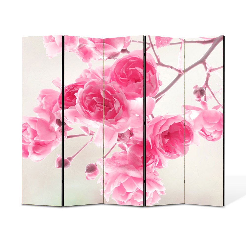 Paravan 5 piese Premium Heartwork TrueColor, Frandafiri roz de gradina, Panza pe cadru de lemn, Decoratiuni Moderne pentru Casa, 5 Panouri de 45x150, 225 x 150 cm