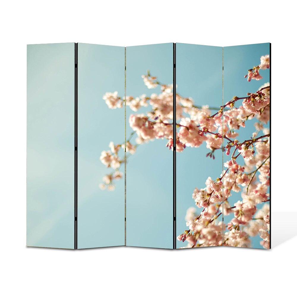 Paravan 5 piese Premium Heartwork TrueColor, Crengura cu lfori albe, Panza pe cadru de lemn, Decoratiuni Moderne pentru Casa, 5 Panouri de 35x150, 175 x 150 cm