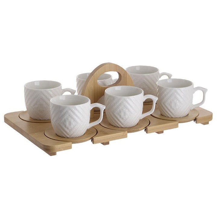Set 6 cesti cafea, din portelan, capacitate 150cl, pe tavita bambus, 35X20X12 cm