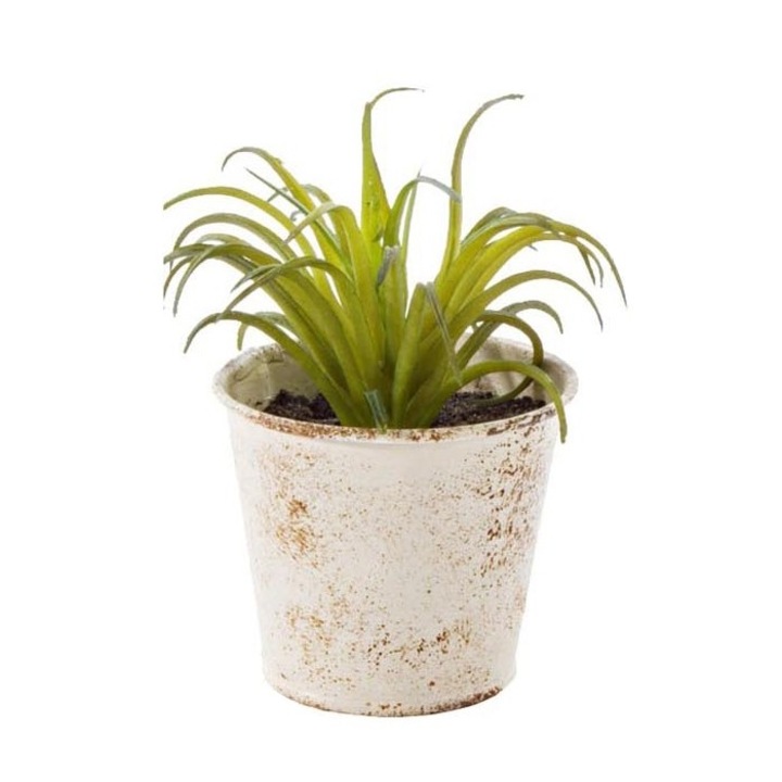 Изкуствено зелено сукулентно растение в бяла патинирана метална саксия 10 cm x 10 cm x 11 h