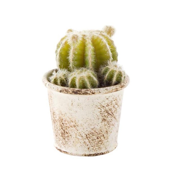 Cactus artificial in ghiveci alb patinat 10 x 10 x 11h