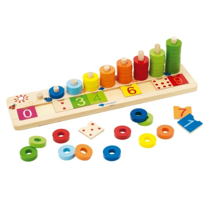 Дървена игра Imaginarium Natural 123 за учене на числата с 45 цветни пръстена, 9 пръчици и 10 чинии, номерирани от 0 до 9